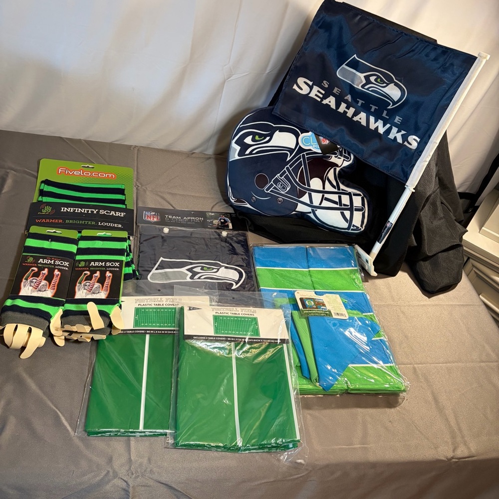 Seahawk game day bundle w/ 9 items like infinity scarf,  team apron w/ chef hat